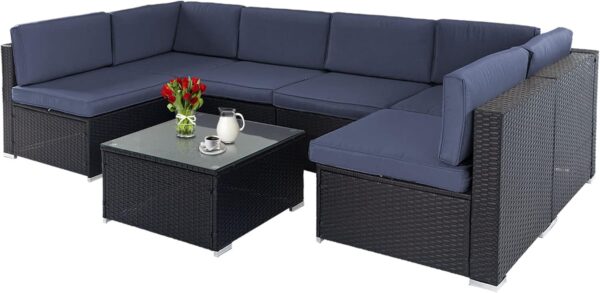 Craft Furniture :- 7-Piece Outdoor Patio Furniture Sofa Set with Modern Glass Coffee Table and Cushions Dark Blue