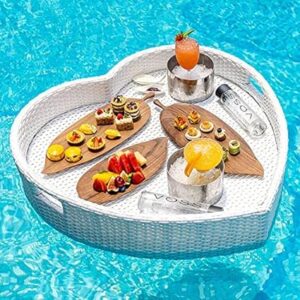 Craft Furniture Floating Tray, Rattan Floating Serving Trays, Pool Floating Bar, Drinks and Food Serving Tray for Pool Parties, White/Brown (Heart)