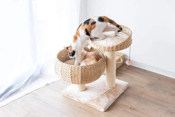 Craft Furniture Pet Pals Hand Made Paper Rope Bow Shaped Two Level Cat Tree with Pillow and Toy Ball