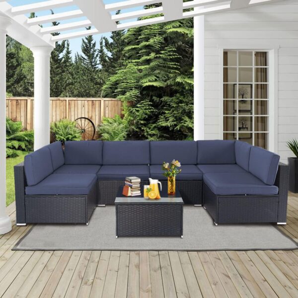 Craft Furniture :- 7-Piece Outdoor Patio Furniture Sofa Set with Modern Glass Coffee Table and Cushions Dark Blue