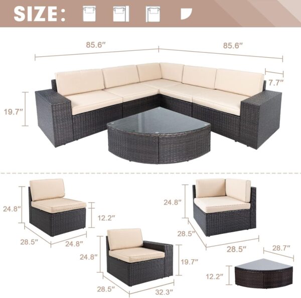 Craft Furniture :-Outdoor Patio 6-Piece Furniture Sofa Set with Sector Glass Top Table Thick Brown Cushions, for Backyard