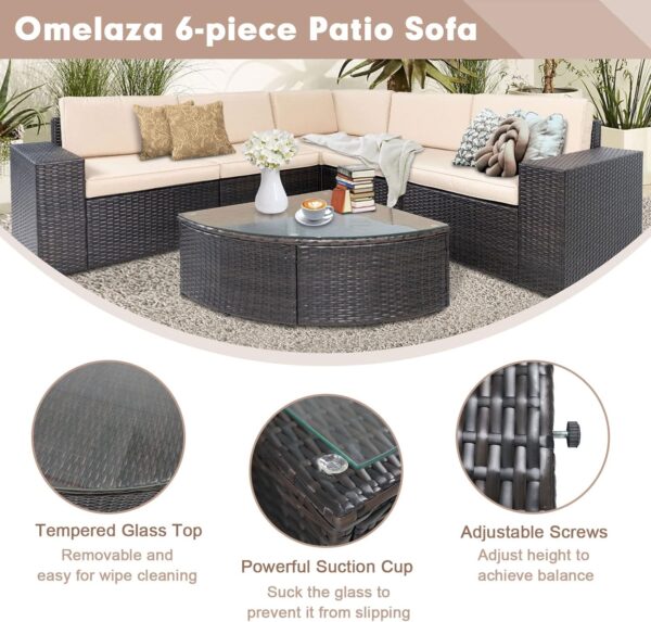 Craft Furniture :-Outdoor Patio 6-Piece Furniture Sofa Set with Sector Glass Top Table Thick Brown Cushions, for Backyard