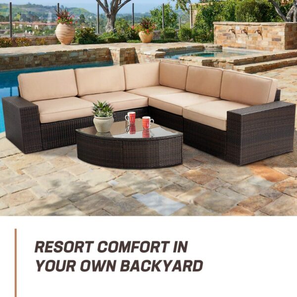 Craft Furniture :-Outdoor Patio 6-Piece Furniture Sofa Set with Sector Glass Top Table Thick Brown Cushions, for Backyard